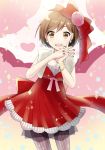  1girl blush bow breasts brown_eyes brown_hair cleavage dress frills hair_bow hair_ornament heart jewelry kikuchi_mataha looking_at_viewer meiko open_mouth pantyhose red_dress shiny short_hair simple_background smile solo sparkle vocaloid 