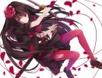  black_hair flower hair_flower hair_ornament holding katana long_hair original pantyhose petals red_eyes red_legwear school_uniform serafuku sheath skirt solo sword torn_clothes torn_pantyhose weapon yuzuki_karu 