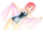  1girl blush braid fang long_hair original pink_hair sakuya_tsuitachi school_swimsuit solo swimsuit towel violet_eyes white 