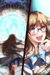  blue_eyes blush book bookmark bow brown_hair glasses grin holding labcoat long_hair lowres open_mouth plaid plaid_skirt pleated_skirt ribbon skirt smile sword_girls thigh-highs thighhighs walking wooni 