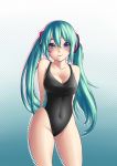  1girl absurdres aqua_hair arms_behind_back bare_shoulders blue_eyes blush competition_swimsuit game00985 hatsune_miku highres lips long_hair looking_at_viewer one-piece_swimsuit smile solo swimsuit twintails vocaloid 