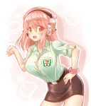  7-eleven belt bent_over blush bracelet breasts cleavage collarbone hand_on_hip headphones highres jewelry large_breasts long_hair looking_at_viewer miniskirt nitroplus okitakung open_clothes open_mouth open_shirt pink_eyes pink_hair product_placement shirt skirt smile solo super_sonico 