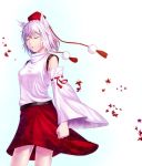  animal_ears autumn_leaves bare_shoulders clenched_hand closed_eyes detached_sleeves eyes_closed hat inubashiri_momiji masa07240 short_hair solo tokin_hat touhou white_hair wolf_ears 