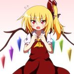  ascot blonde_hair blush do_(4-rt) dress fang flandre_scarlet hair_ribbon hands_on_own_chest looking_at_viewer no_hat no_headwear open_mouth puffy_sleeves red_dress red_eyes ribbon shirt short_sleeves side_ponytail solo sweat touhou wings 