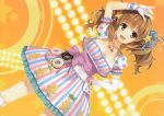  :3 :d \m/ arm_up bow breasts brown_eyes brown_hair doughnut dress frills gloves hair_ornament hair_ribbon hand_on_hip highres idolmaster idolmaster_cinderella_girls jewelry looking_at_viewer moroboshi_kirari necklace open_mouth polka_dot ribbon scan single_elbow_glove single_glove smile solo star star_hair_ornament striped twintails vertical_stripes white_gloves yuuki_hagure 