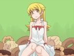  blonde_hair collarbone dai_(touhou_handdrawn) doughnut green_background long_hair monogatari_(series) nisemonogatari oshino_shinobu sitting solo yellow_eyes 