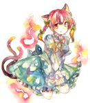  animal_ears bow braid cat_ears cat_tail dress fang highres kaenbyou_rin kneeling long_sleeves looking_at_viewer multiple_tails niyasuke_(yama) red_eyes red_hair redhead smile solo tail touhou traditional_media twin_braids watercolor_(medium) 