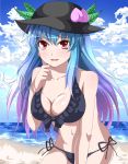  beach bikini black_bikini blue_hair breasts cleavage cloudy_sky collarbone eo_(artist) food fruit gradient_hair hat highres hinanawi_tenshi leaf long_hair multicolored_hair navel open_mouth peach red_eyes side-tie_bikini smile solo swimsuit touhou water 