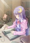  ahoge bespectacled blurry book closed_eyes crescent cup depth_of_field dress eyes_closed glasses hair_ornament hair_ribbon koakuma minigirl multiple_girls patchouli_knowledge puem purple_hair quill red_hair redhead ribbon sitting sleeping sunbeam sunlight teacup touhou 