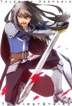  black_hair cape greaves highres long_hair pauldrons red_eyes solo sword takamono tales_of_(series) tales_of_vesperia weapon yuri_lowell 