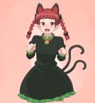  animal_ears bell blush braid cat_ears cat_tail dai_(touhou_handdrawn) fang kaenbyou_rin long_hair long_sleeves multiple_tails open_mouth pointy_ears puffy_sleeves red_eyes red_hair redhead solo tail touhou twin_braids 