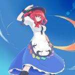  boots breasts cosplay dress food from_below fruit grin hair_bobbles hair_ornament hat hinanawi_tenshi hinanawi_tenshi_(cosplay) onozuka_komachi peach red_eyes red_hair redhead smile solo sword_of_hisou totosu touhou wrist_cuffs 