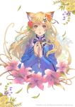  1girl animal_ears artist_name blonde_hair bow dress flower green_eyes hair_bow hair_flower hair_ornament hands_together leaf lily_(flower) long_hair original parted_lips plant rosary solo tob watermark web_address 