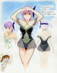  ayane ayane_(doa) bare_back bare_shoulders bow breasts chibi_inset cleavage concept_art dead_or_alive dead_or_alive_xtreme hair_bow headband kasumi multiple_girls navel purple_hair red_eyes see-through short_hair siblings sisters swimsuit 