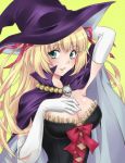  ada_vessalius alternate_costume blonde_hair breasts cape cleavage cosplay elbow_gloves gloves green_eyes hair_ribbon hat kiniro_yasha large_breasts long_hair pandora_hearts ribbon skull solo witch_hat 
