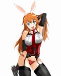  animal_ears bare_shoulders black_gloves black_legwear blue_eyes blush bunny_ears charlotte_e_yeager elbow_gloves garter_straps gloves gun handgun highres long_hair looking_at_viewer m1911 necktie nerocc open_mouth orange_hair panties rabbit_ears red_panties solo strike_witches thigh-highs thighhighs underwear weapon 