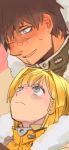  black_hair blonde_hair blue_eyes blush bob_cut coat couple eye_contact ferriyang frown height_difference looking_at_another military military_uniform pumpkin_scissors randal_orlando scar short_hair smile uniform 