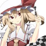  absurdres ascot ayasekira blonde_hair bust checkered chess_piece chin_rest face flandre_scarlet hat highres long_hair red_eyes smile solo touhou 