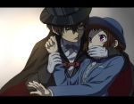 1girl bowler_hat bowtie brown_hair cosplay covered_mouth covering_mouth gloves green_eyes hat hyouka ibara_mayaka kimi_ni_matsuwaru_mystery monocle mouth_covered oreki_houtarou red_eyes rito453 short_hair top_hat 