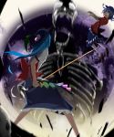  bad_id blue_hair blurry chinese_clothes food from_behind fruit glowing glowing_eyes hat hinanawi_tenshi miyako_yoshika multiple_girls ofuda open_mouth outstretched_arms peach skeleton smile star sword sword_of_hisou tetsuro tetsurou_(fe+) touhou weapon yellow_eyes zombie_pose 