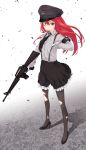  armband assault_rifle gloves gun hat high_heels holding long_hair m16 maeda_risou military military_uniform necktie original pantyhose peaked_cap red_eyes red_hair redhead rifle shadow shoes solo standing suspenders torn_pantyhose uniform weapon white_gloves wind 