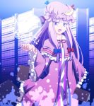  book bookshelf bow capelet crescent electricity energy_ball eo_(artist) hair_bow hat library long_hair long_sleeves open_mouth patchouli_knowledge purple_hair solo touhou voile wide_sleeves 
