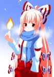  bow eichi_yuu fire fujiwara_no_mokou hair_bow long_hair long_sleeves pink_hair puffy_sleeves red_eyes scarf snow solo suspenders touhou 