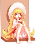  1girl :o bad_id barefoot blonde_hair blush_stickers doughnut dress eating hat highres liong long_hair monogatari_(series) nisemonogatari oshino_shinobu pointy_ears red_eyes sitting solo sun_hat 