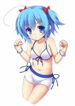  ahoge bad_id bikini bikini_shorts blue_eyes blue_hair blush bracelet clenched_hands copyright_request front-tie_top highres jewelry liong looking_at_viewer navel shiny shiny_skin short_hair solo swimsuit thigh_gap twintails 