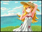  1girl armpits bare_shoulders blonde_hair blush_stickers bracelet cloud dress fang grin hat highres jewelry long_hair monogatari_(series) nisemonogatari oshino_shinobu pointy_ears sky smile solo sun_hat sundress v yellow_eyes 