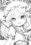  artist_request fang flandre_scarlet graphite_(medium) hat hat_ribbon katzeh lowres monochrome open_mouth ribbon short_hair slit_pupils smile socks table touhou traditional_media wings 
