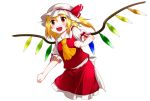  ascot blonde_hair blush crystal eichi_yuu flandre_scarlet hat hat_ribbon open_mouth puffy_sleeves red_eyes ribbon short_hair short_sleeves side_ponytail solo touhou white_background wings 