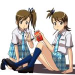  arm_support brown_eyes brown_hair eating futami_ami futami_mami idolmaster lielos looking_at_viewer mouth_hold multiple_girls necktie plaid plaid_skirt pocky rough_time_school school_uniform short_hair siblings side_ponytail sitting skirt smile twins 