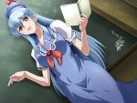  blue_hair blush book chalk chalkboard dress firopito hat kamishirasawa_keine long_hair open_book open_mouth red_eyes solo sparkle touhou translated very_long_hair 