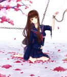  asarihamaguri bdsm bondage brown_eyes brown_hair chain chains fate/extra fate/extra_ccc fate_(series) female_protagonist_(fate/extra) jewelry long_hair petals school_uniform serafuku single_earring solo tied_up torn_clothes tree 