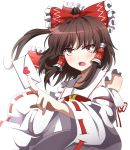  blush bow brown_hair detached_sleeves eo_(artist) hair_bow hair_tubes hakurei_reimu heart highres letter open_mouth ponytail red_eyes short_hair solo touhou tsundere white_background wide_sleeves 