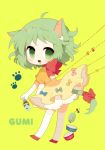  ahoge animal_ears bad_id bloomers bow cat_ears cat_food cat_tail character_name dress fang fish gloves green_eyes green_hair gumi haru_(kyou) kemonomimi_mode looking_at_viewer mouse neck_ribbon open_mouth orange_dress paw_print puffy_sleeves ribbon short_hair simple_background smile solo tail tail_ribbon thigh-highs thighhighs vocaloid white_gloves white_legwear yellow_background zettai_ryouiki 