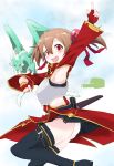  :d arm_up armor armpits black_legwear blush brown_hair fingerless_gloves gloves hair_bobbles hair_ornament highres looking_at_viewer open_mouth panties pina_(sao) red_eyes red_gloves short_hair short_twintails silica smile solo sword_art_online thigh-highs thighhighs twintails underwear white_panties yokoshima_(euphoria) 