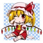  ascot blonde_hair blush crystal eichi_yuu flandre_scarlet hat hat_ribbon pointy_ears puffy_sleeves red_eyes ribbon short_hair short_sleeves side_ponytail sitting solo tears touhou wings wink 