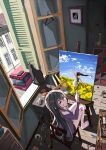  1girl barefoot black_cat black_hair bread bus canvas_(object) cat chair easel flower food glass highres long_hair motor_vehicle oekaki_musume open_window original paint_stains paintbrush painting painting_(object) sitting spill toilet_paper vehicle window 