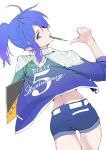  belt blue_eyes blue_hair from_behind holding lips looking_back mouth_hold original pencil pixiv pixiv-tan pointing poiting ponytail short_hair shorts simple_background sketchbook solo white_background yamaishi108 