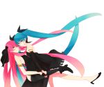  aqua_eyes aqua_hair black_dress boots bow dress elbow_gloves gloves godetia hair_bow halterneck hand_holding hatsune_miku holding_hands interlocked_fingers long_hair looking_at_viewer megurine_luka multiple_girls nail_polish pink_hair simple_background smile twintails very_long_hair vocaloid white_background 