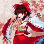  black-yuzunyan bow brown_hair detached_sleeves dual_wielding hair_bow hair_tubes hakurei_reimu japanese_clothes long_hair miko navel red_eyes signature skirt smile solo spell_card touhou wide_sleeves 