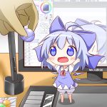  &#9320; ? ahoge arms_up augmented_reality bloomers blue_dress blue_eyes blue_hair blush blush_stickers bow candy chibi cirno computer_screen desk dress fang hair_bow highres makuran open_mouth painttool_sai puffy_sleeves shirt short_hair short_sleeves smile solo tablet touhou wings |_| ã¢â€˜â¨ â‘¨ 