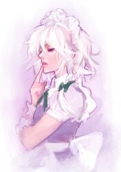  1girl apron braid breasts face finger_to_mouth hands izayoi_sakuya lips maid_headdress matsuda_(matsukichi) messy_hair open_mouth short_hair short_sleeves silver_hair solo touhou twin_braids 