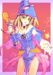  :d bare_shoulders blonde_hair blush blush_stickers breasts cleavage dark_magician_girl detached_sleeves duel_monster furikawa_arika green_eyes hat long_hair open_mouth outstretched_hand penatagram pentacle pentagram smile solo star wand wizard_hat yu-gi-oh! yuu-gi-ou 