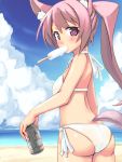  1girl ass beach bikini blush fox_ears from_behind long_hair looking_back mouth_hold nahu original pink_eyes pink_hair ponytail popsicle soda_can solo swimsuit tail 