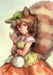 animal_ears brown_eyes brown_hair futatsuiwa_mamizou glasses grin leaf leaf_on_head looking_at_viewer matsuda_(matsukichi) raccoon_ears raccoon_tail rough smile solo tail tail_raised touhou