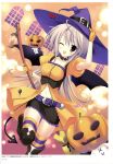  1girl ;d absurdres boots broom copyright_request demon_tail demon_wings female gloves grey_hair halloween hat highres jack-o&#039;-lantern knee_boots mitha open_mouth smile solo striped striped_legwear tail thigh-highs thighhighs wings wink witch_hat yellow_eyes 