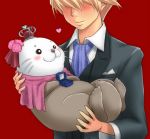  ao_usagi ascot blonde_hair blush box carrying formal hat heart jewelry original otter princess_carry pun red_background ring simple_background suit what 